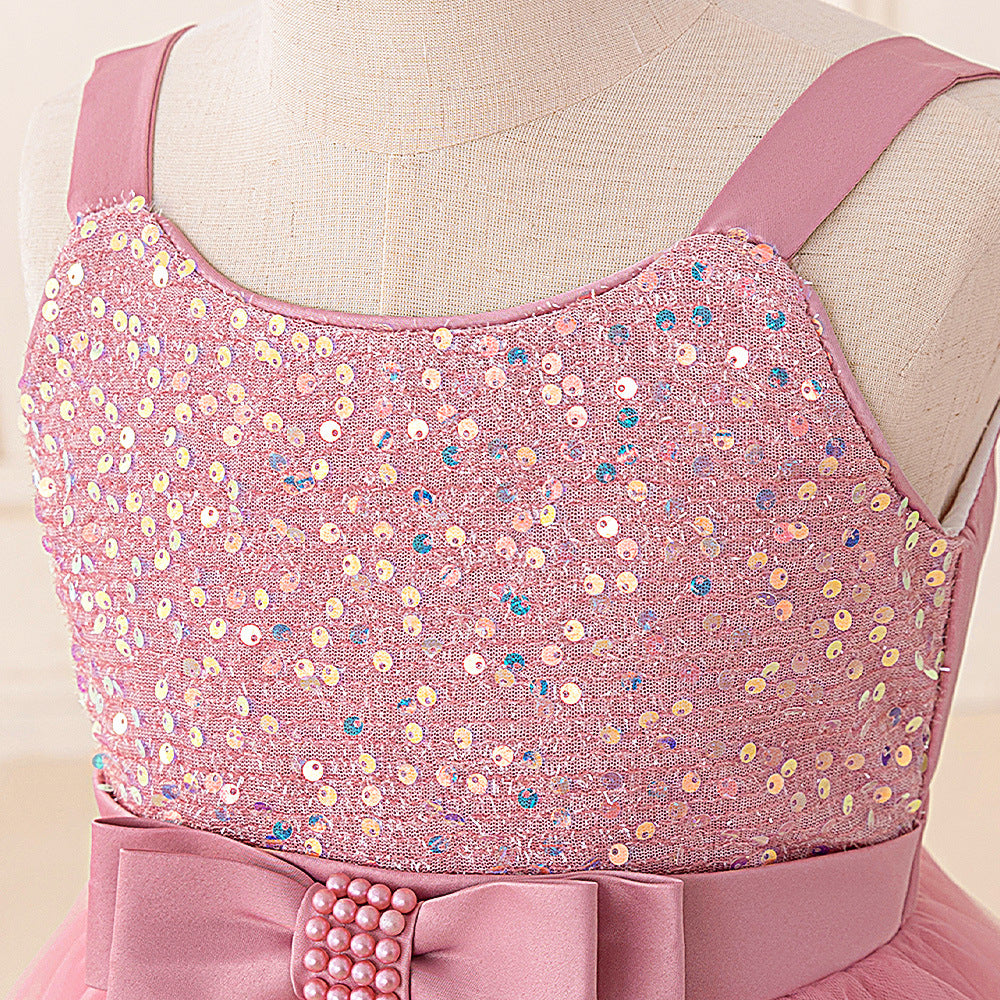 Girls Pink Puffy Off Shoulder Sequin Party Dress | High-Low Princess Gown (Ages 3-10)