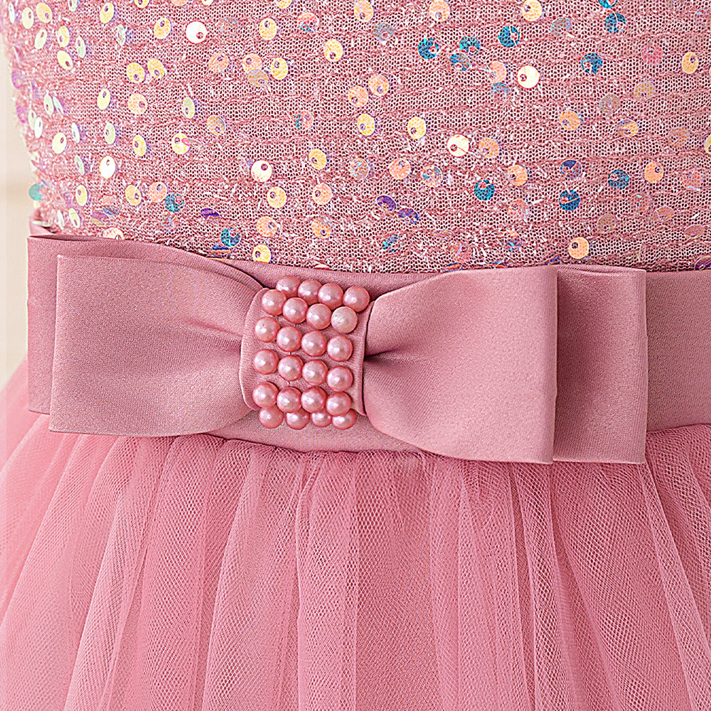 Girls Pink Puffy Off Shoulder Sequin Party Dress | High-Low Princess Gown (Ages 3-10)
