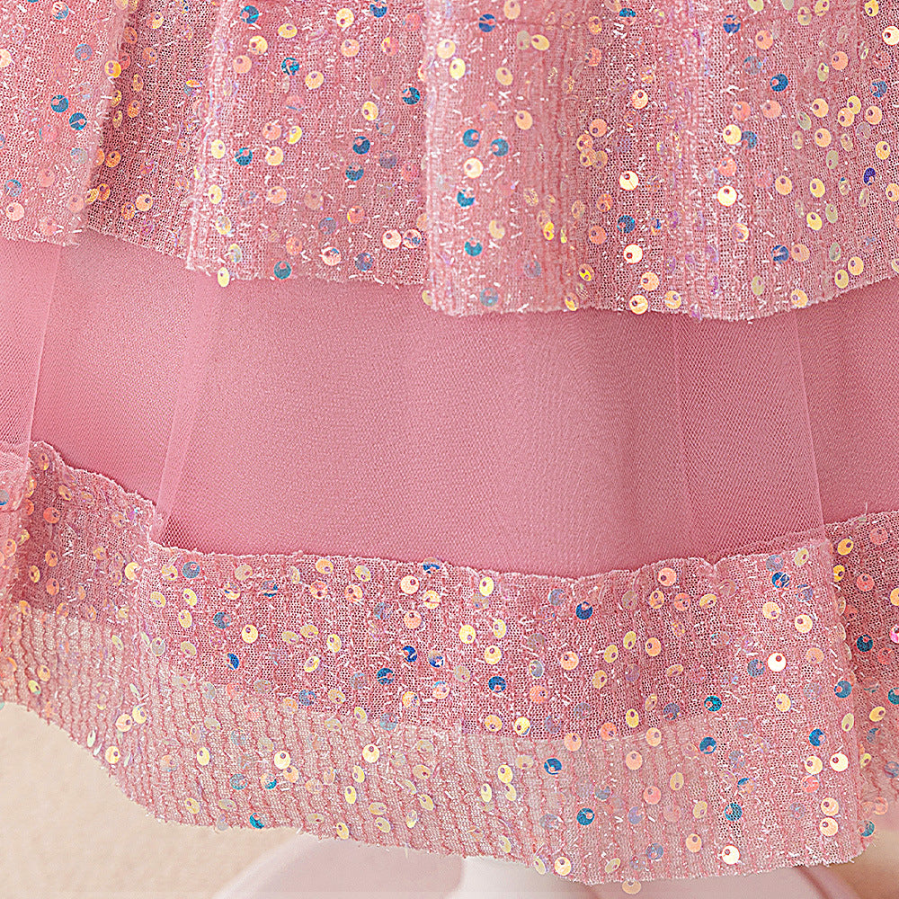 Girls Pink Puffy Off Shoulder Sequin Party Dress | High-Low Princess Gown (Ages 3-10)