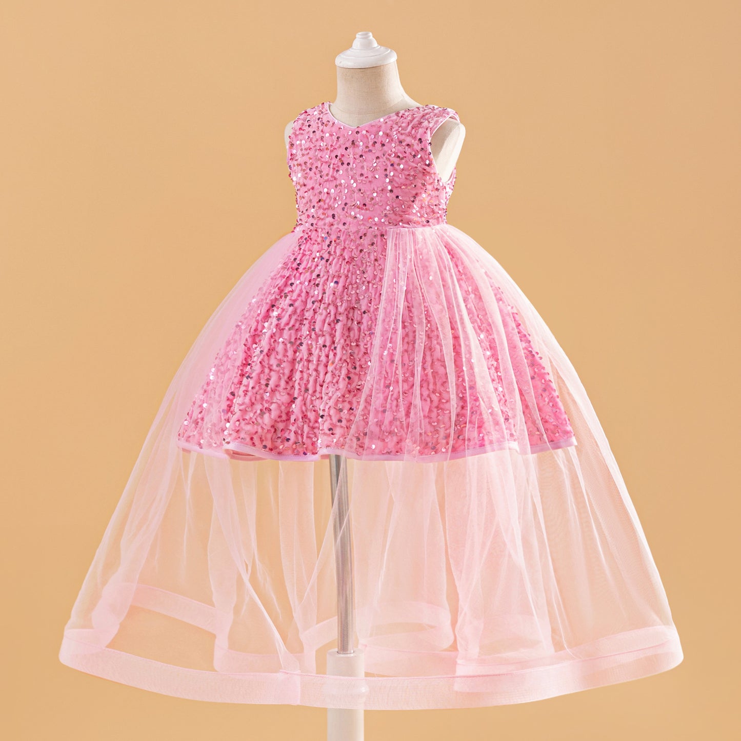 Pink Sequin Tulle Flower Girl Dress for Kids – A-Line V-Neck Party Gown