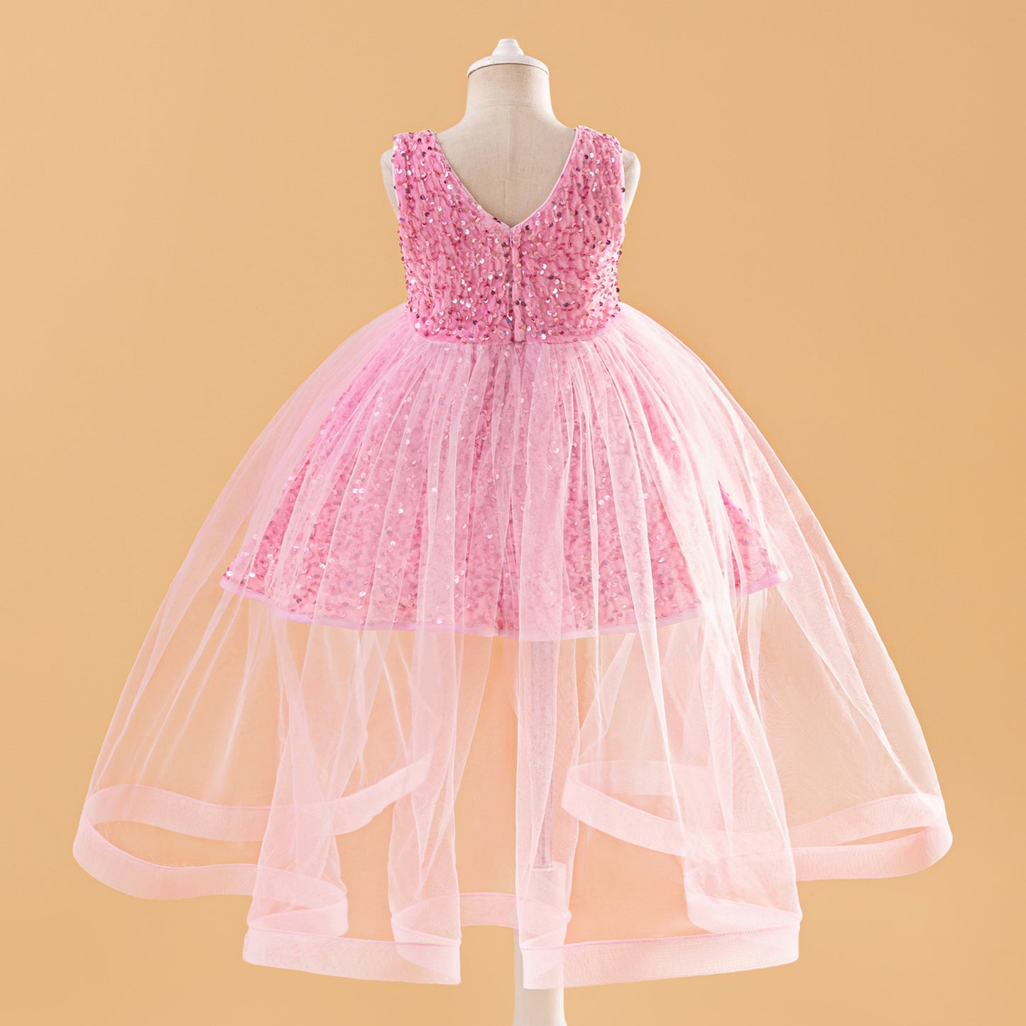 Pink Sequin Tulle Flower Girl Dress for Kids – A-Line V-Neck Party Gown