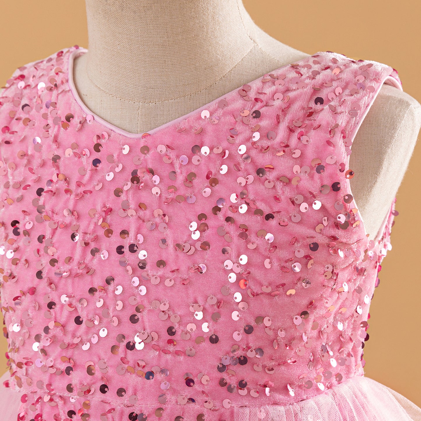 Pink Sequin Tulle Flower Girl Dress for Kids – A-Line V-Neck Party Gown