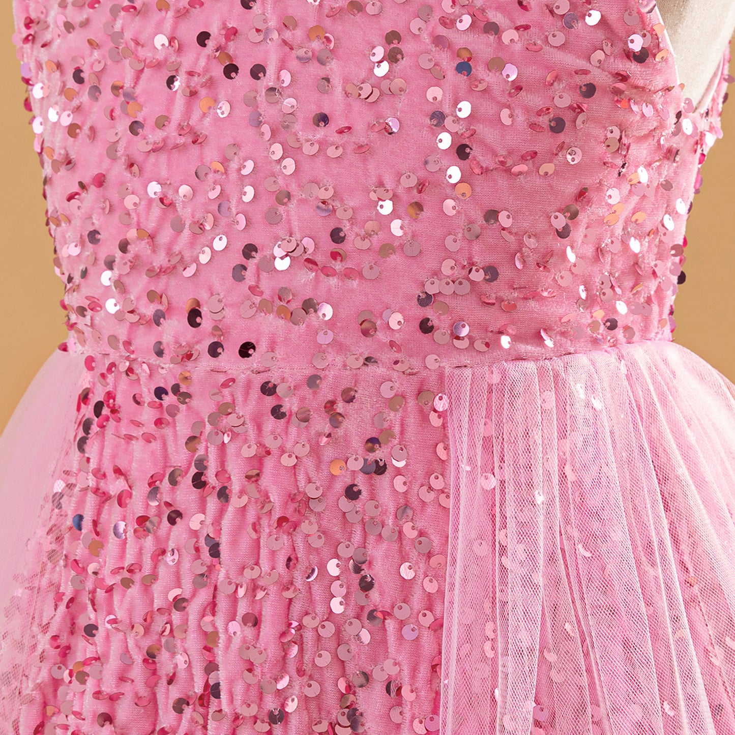 Pink Sequin Tulle Flower Girl Dress for Kids – A-Line V-Neck Party Gown