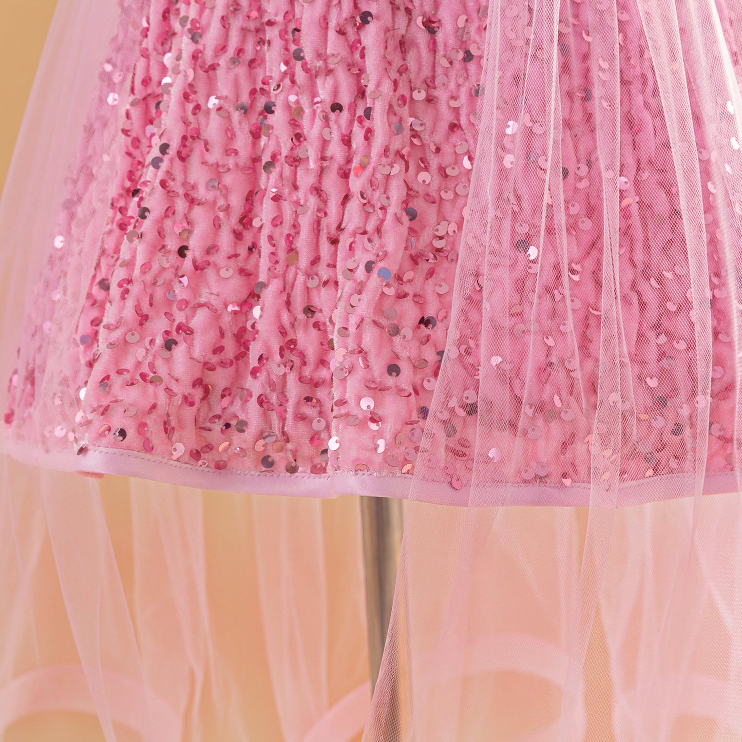 Pink Sequin Tulle Flower Girl Dress for Kids – A-Line V-Neck Party Gown