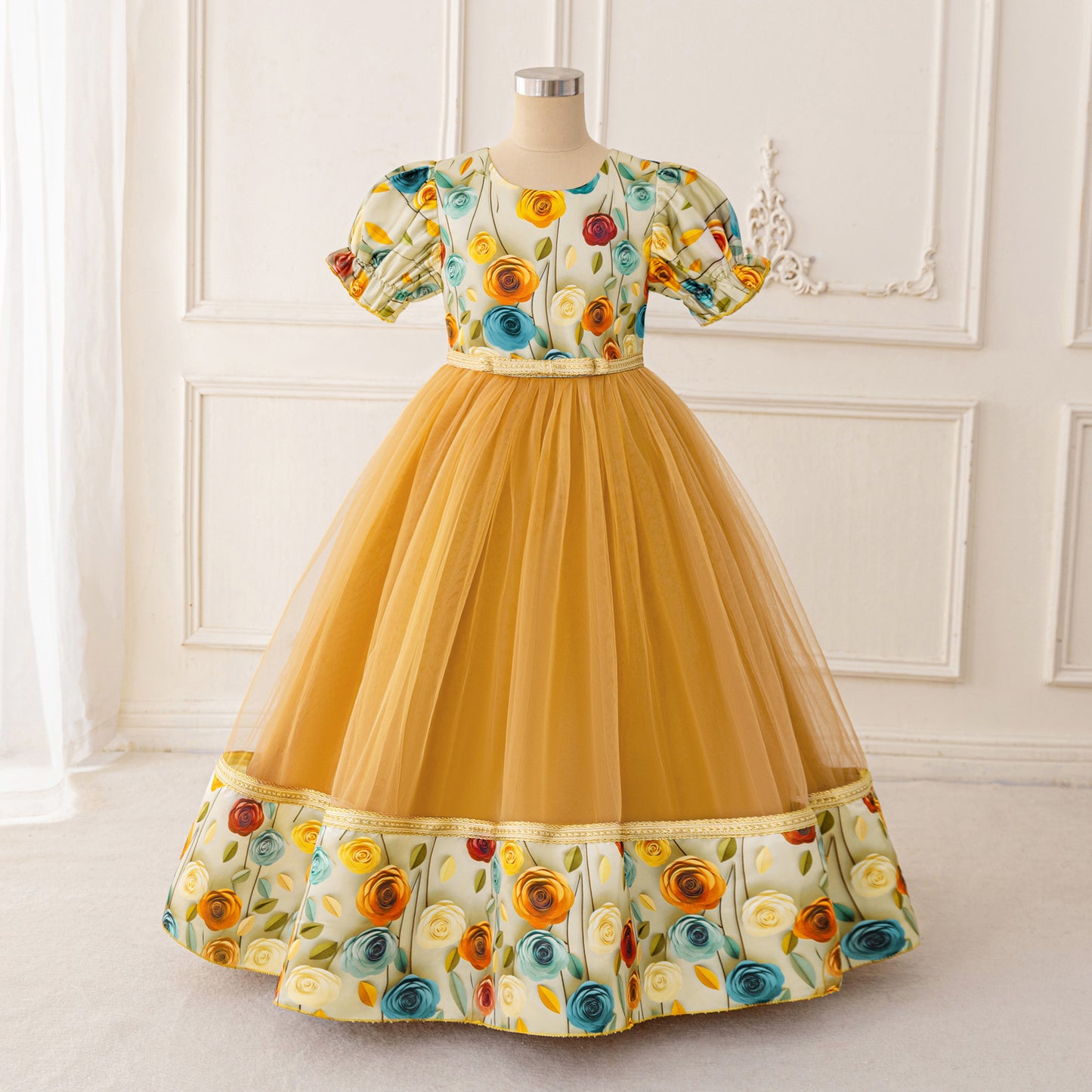 Gold Princess A-Line Maxi Tulle Dress for Girls | Floral Print & Lantern Sleeves
