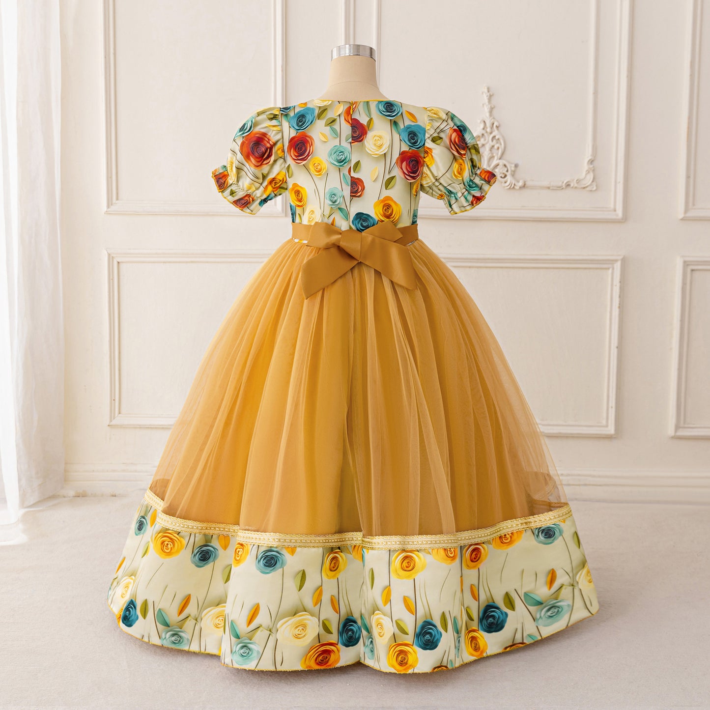 Gold Princess A-Line Maxi Tulle Dress for Girls | Floral Print & Lantern Sleeves