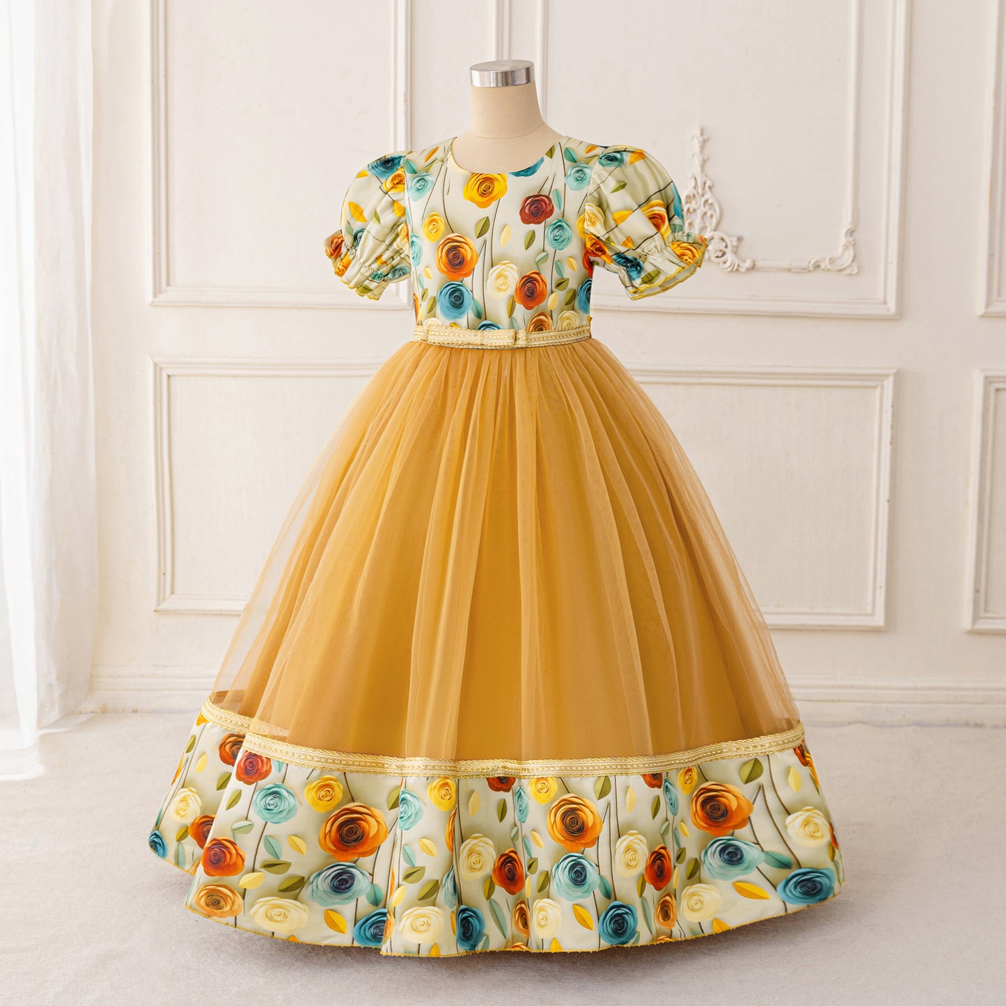 Gold Princess A-Line Maxi Tulle Dress for Girls | Floral Print & Lantern Sleeves