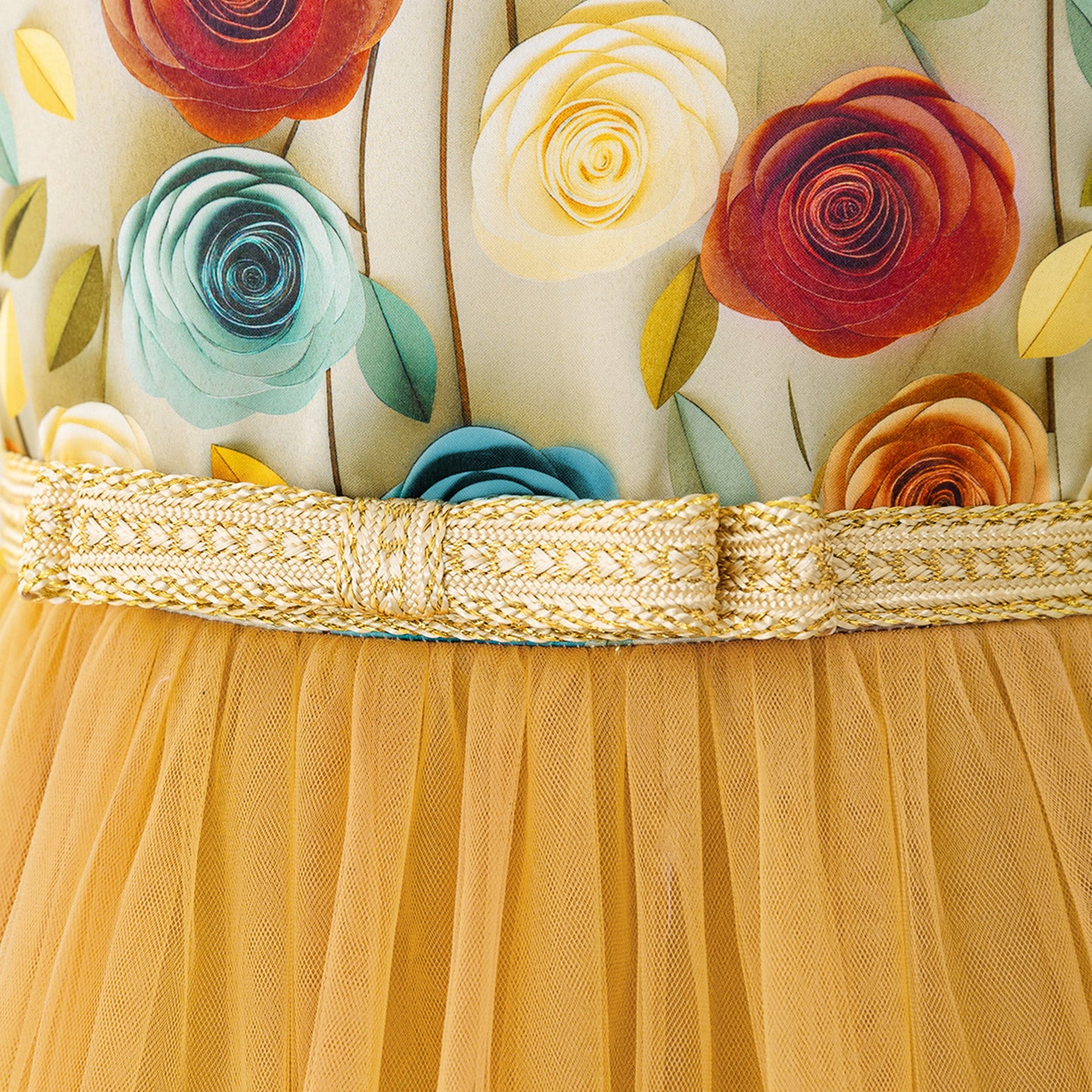 Gold Princess A-Line Maxi Tulle Dress for Girls | Floral Print & Lantern Sleeves