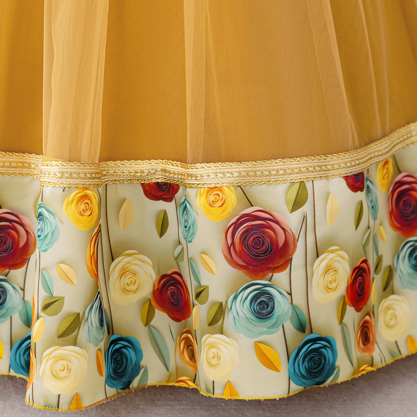 Gold Princess A-Line Maxi Tulle Dress for Girls | Floral Print & Lantern Sleeves