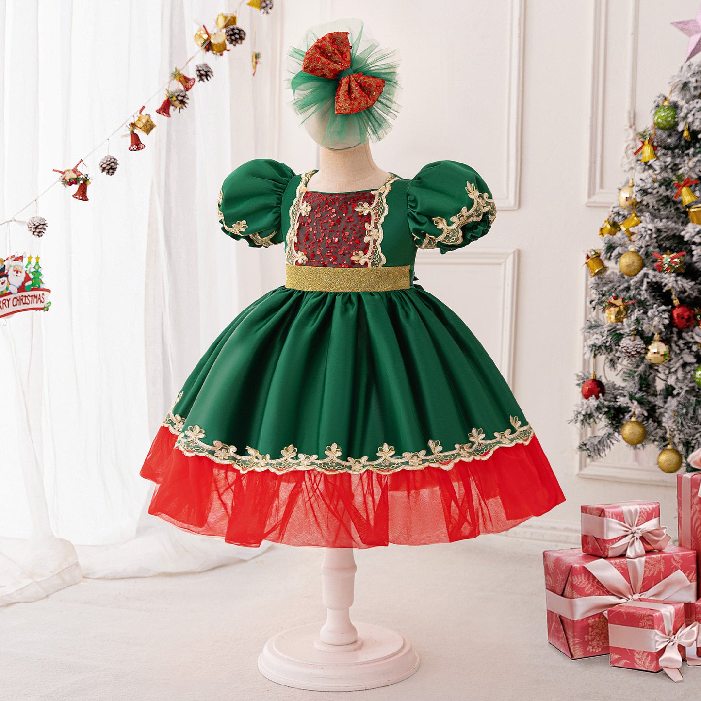 Dark Green Puffy Princess Ball Gown Dress for Girls | Festive Flower Girl & Holiday Party Wear