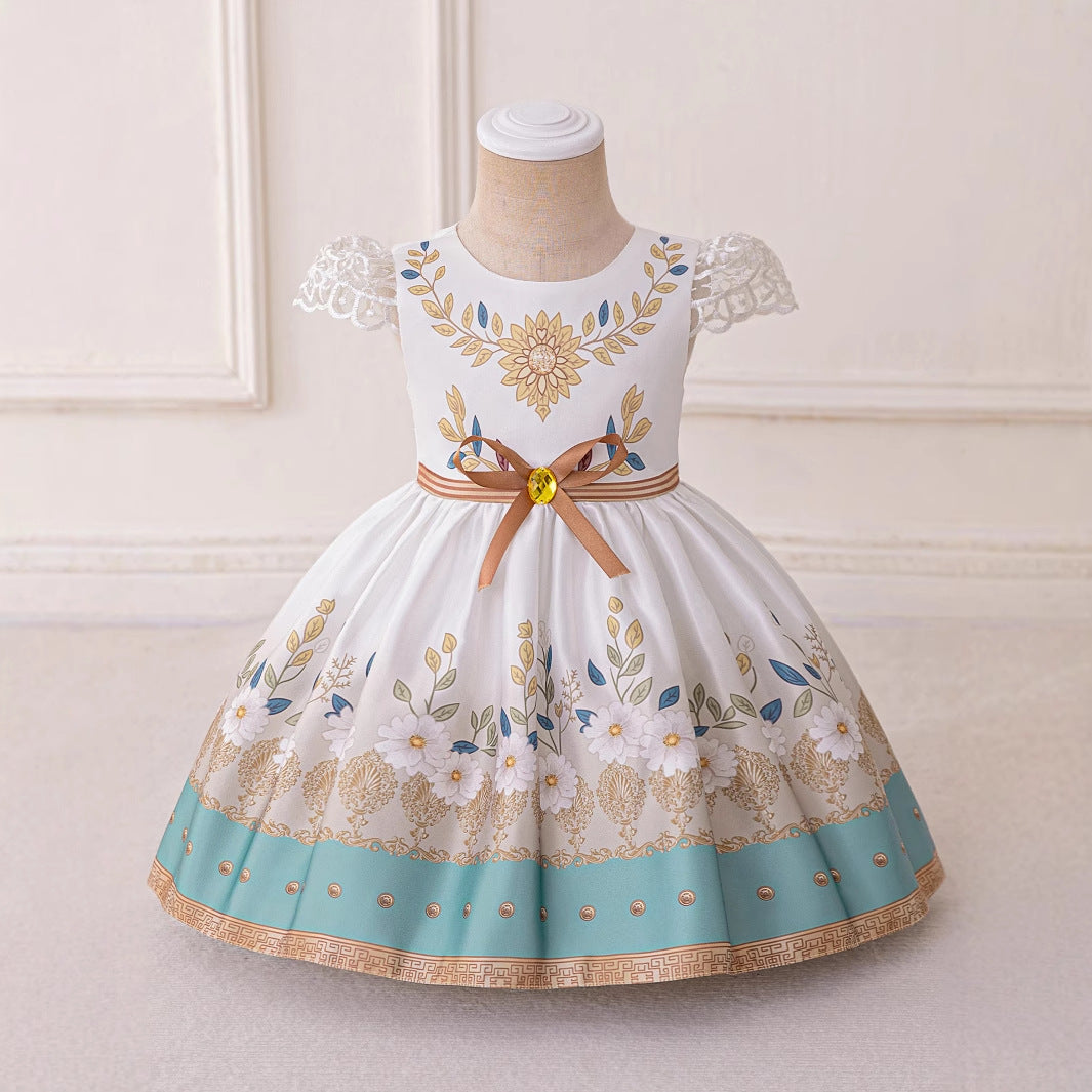 Princess Floral Ball Gown Dress for Girls – Puffy Tea-Length Party Dress