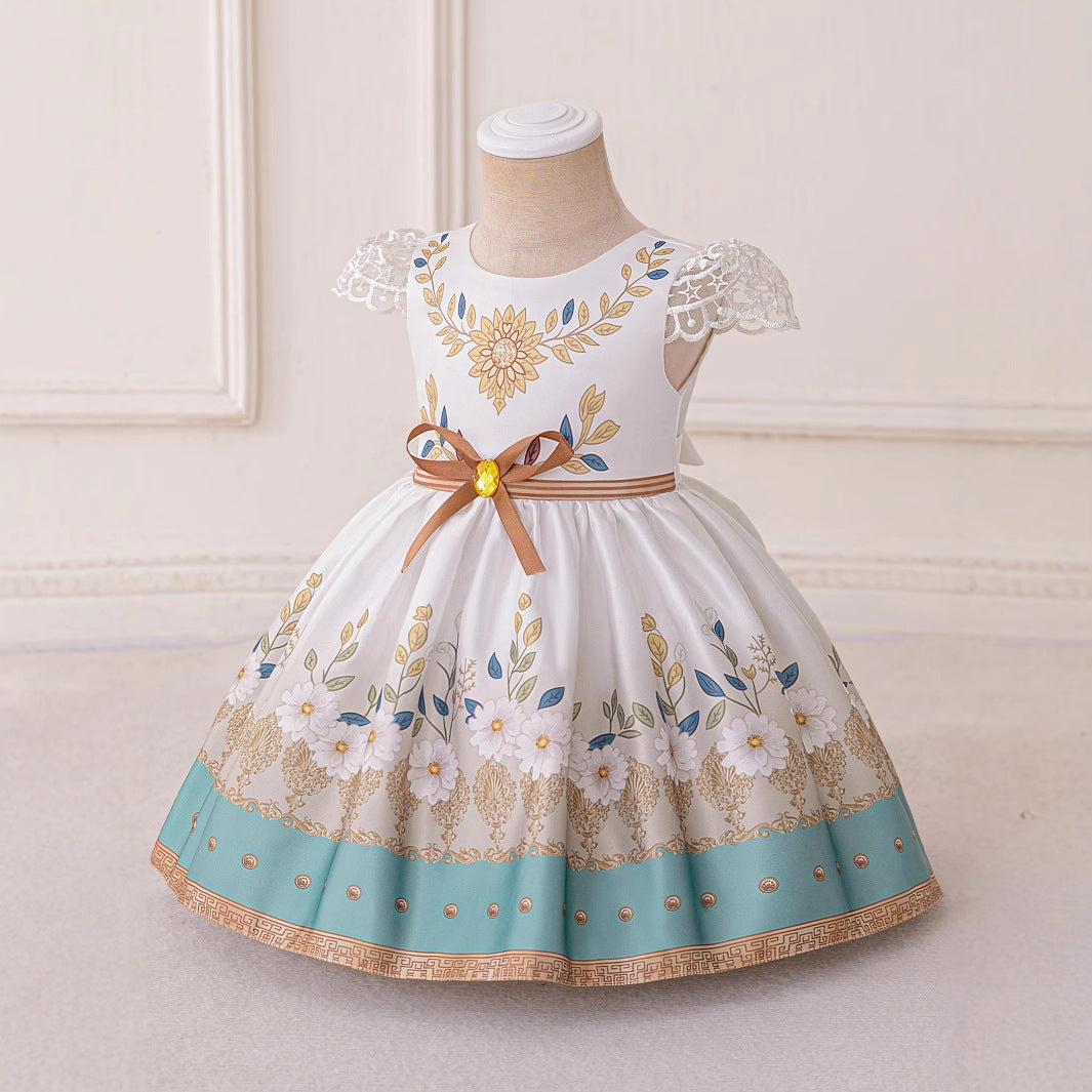 Princess Floral Ball Gown Dress for Girls – Puffy Tea-Length Party Dress