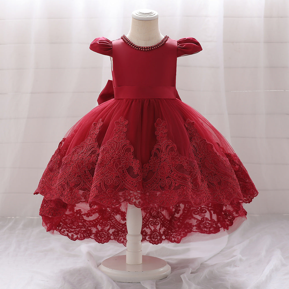 Princess Ball Gown High-Low Satin & Lace Dress with Bow for Girls | Ages 9M-6Y