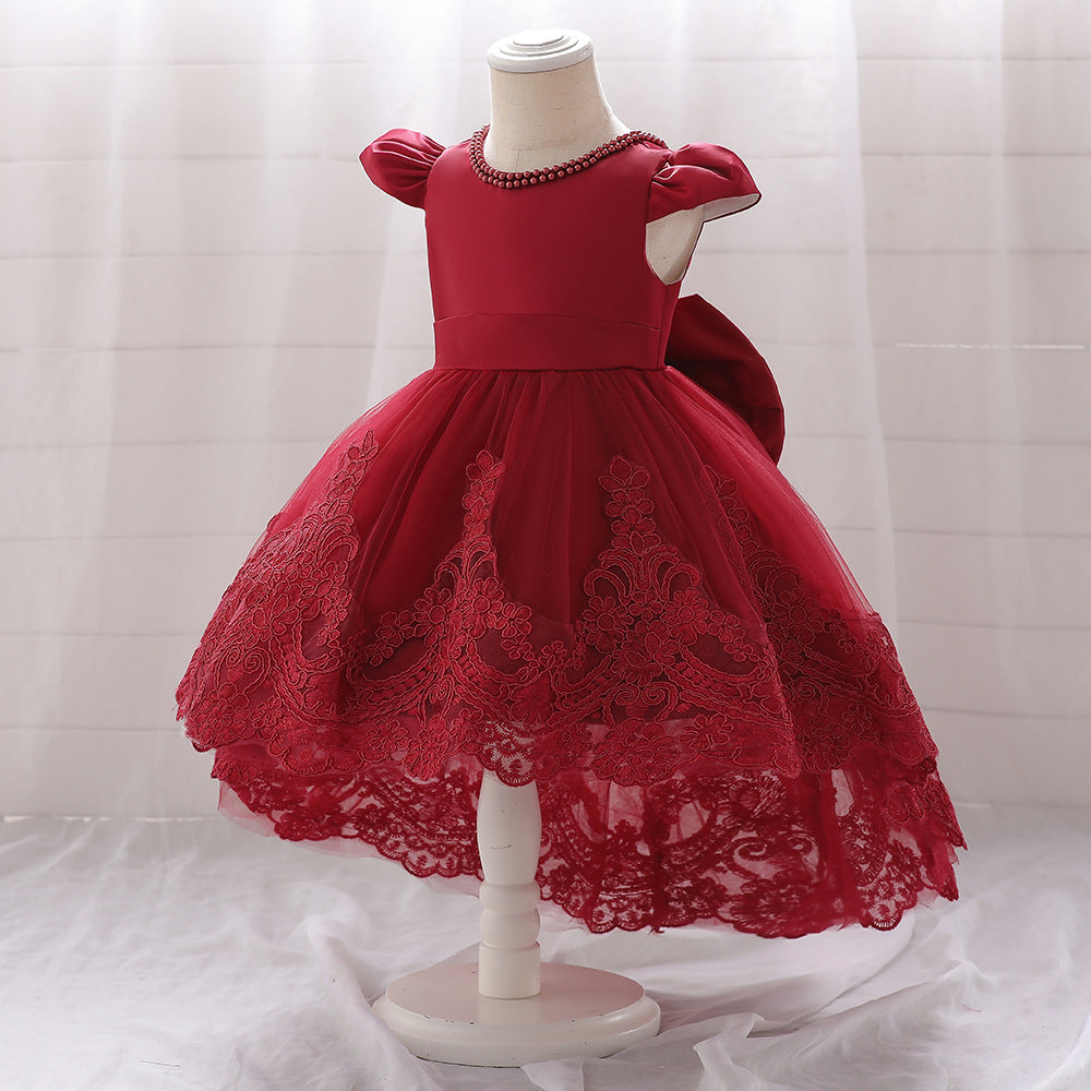 Princess Ball Gown High-Low Satin & Lace Dress with Bow for Girls | Ages 9M-6Y