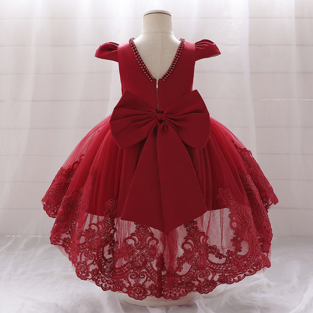 Princess Ball Gown High-Low Satin & Lace Dress with Bow for Girls | Ages 9M-6Y