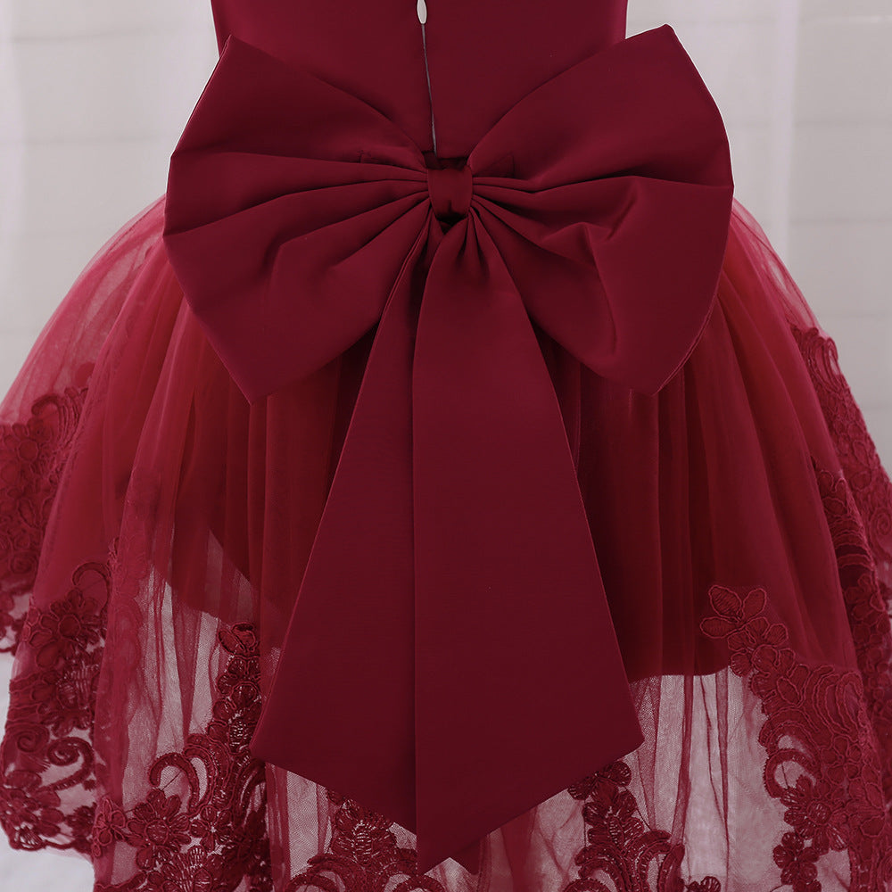 Princess Ball Gown High-Low Satin & Lace Dress with Bow for Girls | Ages 9M-6Y