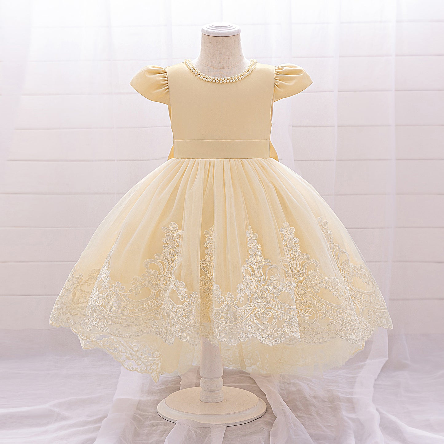 Princess Ball Gown High-Low Satin & Lace Dress with Bow for Girls | Ages 9M-6Y