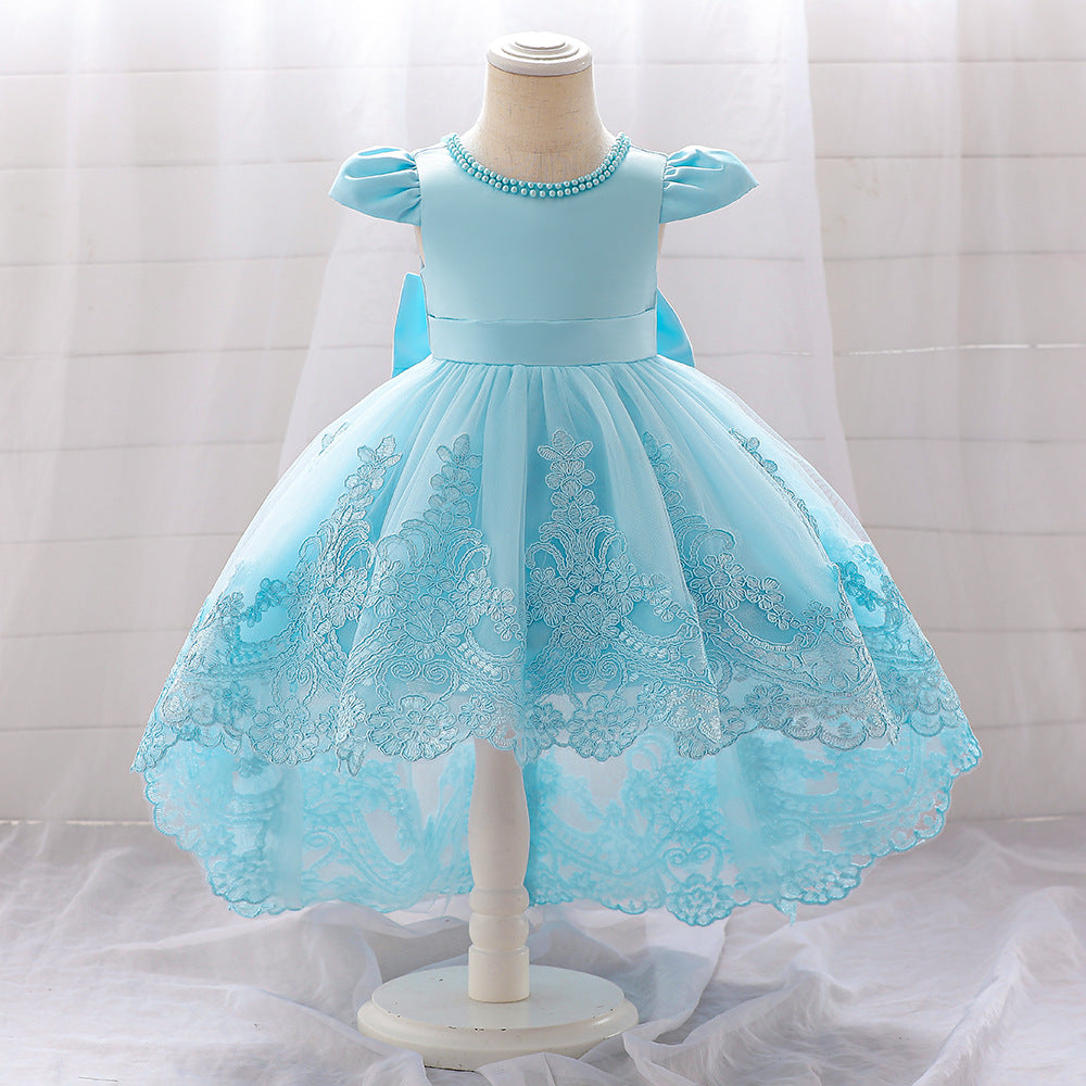 Princess Ball Gown High-Low Satin & Lace Dress with Bow for Girls | Ages 9M-6Y