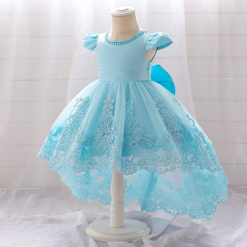 Princess Ball Gown High-Low Satin & Lace Dress with Bow for Girls | Ages 9M-6Y