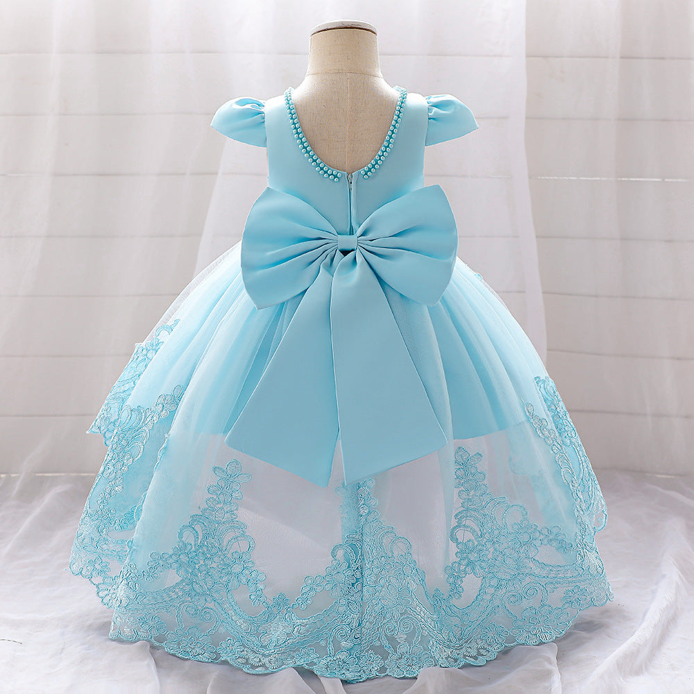 Princess Ball Gown High-Low Satin & Lace Dress with Bow for Girls | Ages 9M-6Y