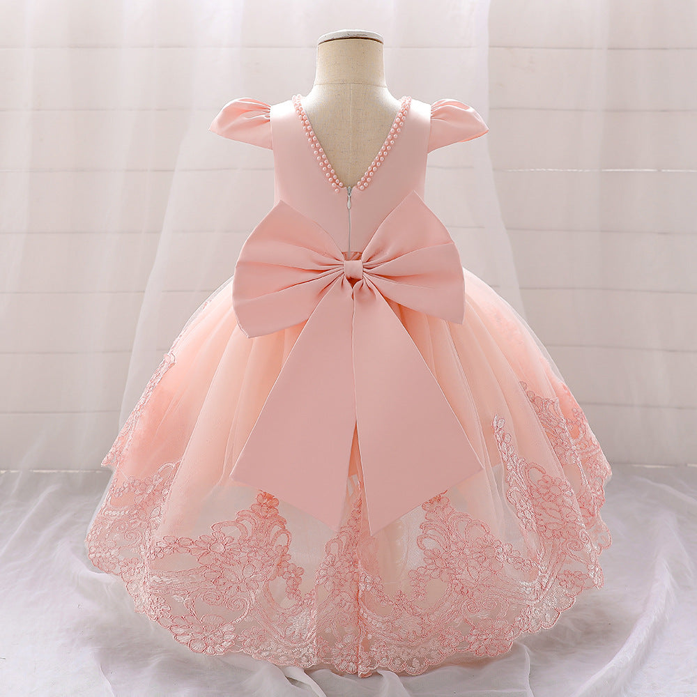Princess Ball Gown High-Low Satin & Lace Dress with Bow for Girls | Ages 9M-6Y