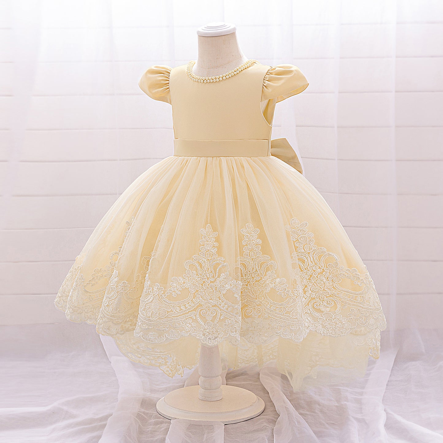 Princess Ball Gown High-Low Satin & Lace Dress with Bow for Girls | Ages 9M-6Y