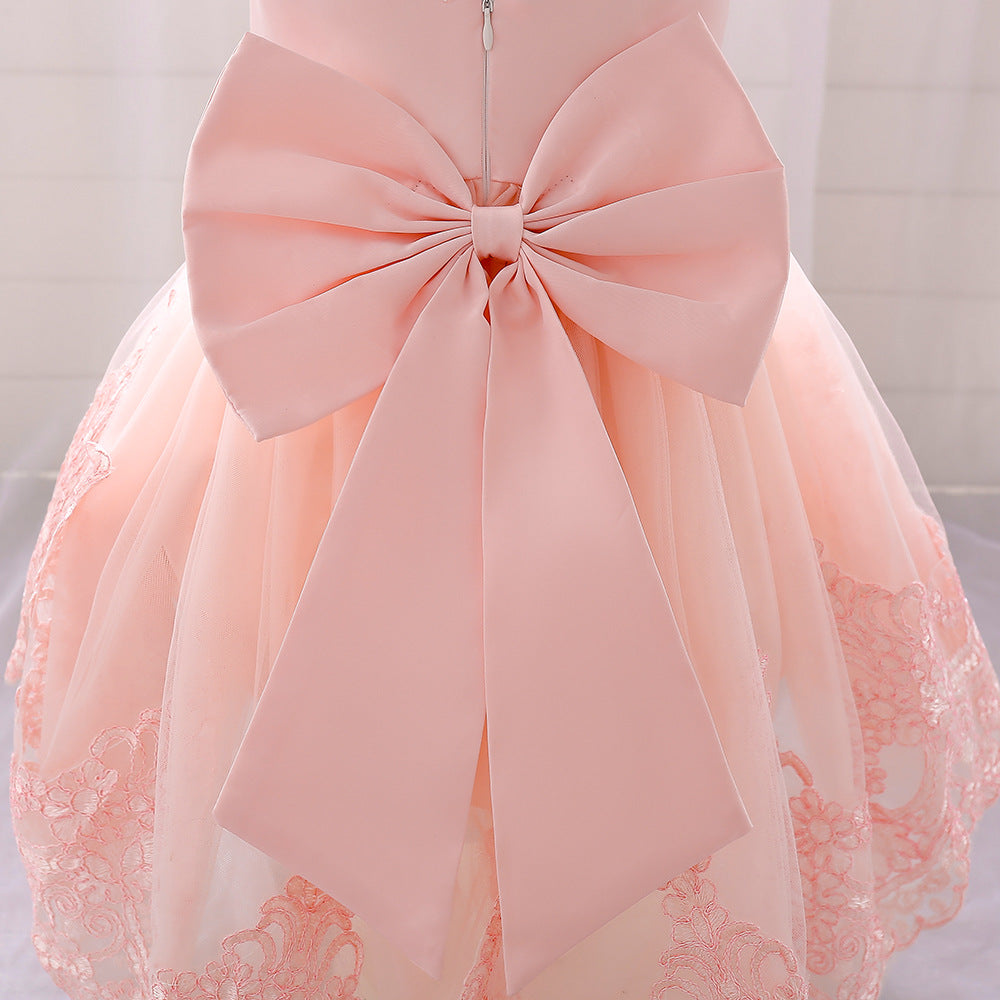 Princess Ball Gown High-Low Satin & Lace Dress with Bow for Girls | Ages 9M-6Y
