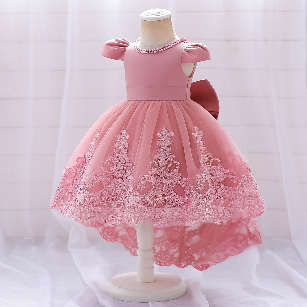 Princess Ball Gown High-Low Satin & Lace Dress with Bow for Girls | Ages 9M-6Y