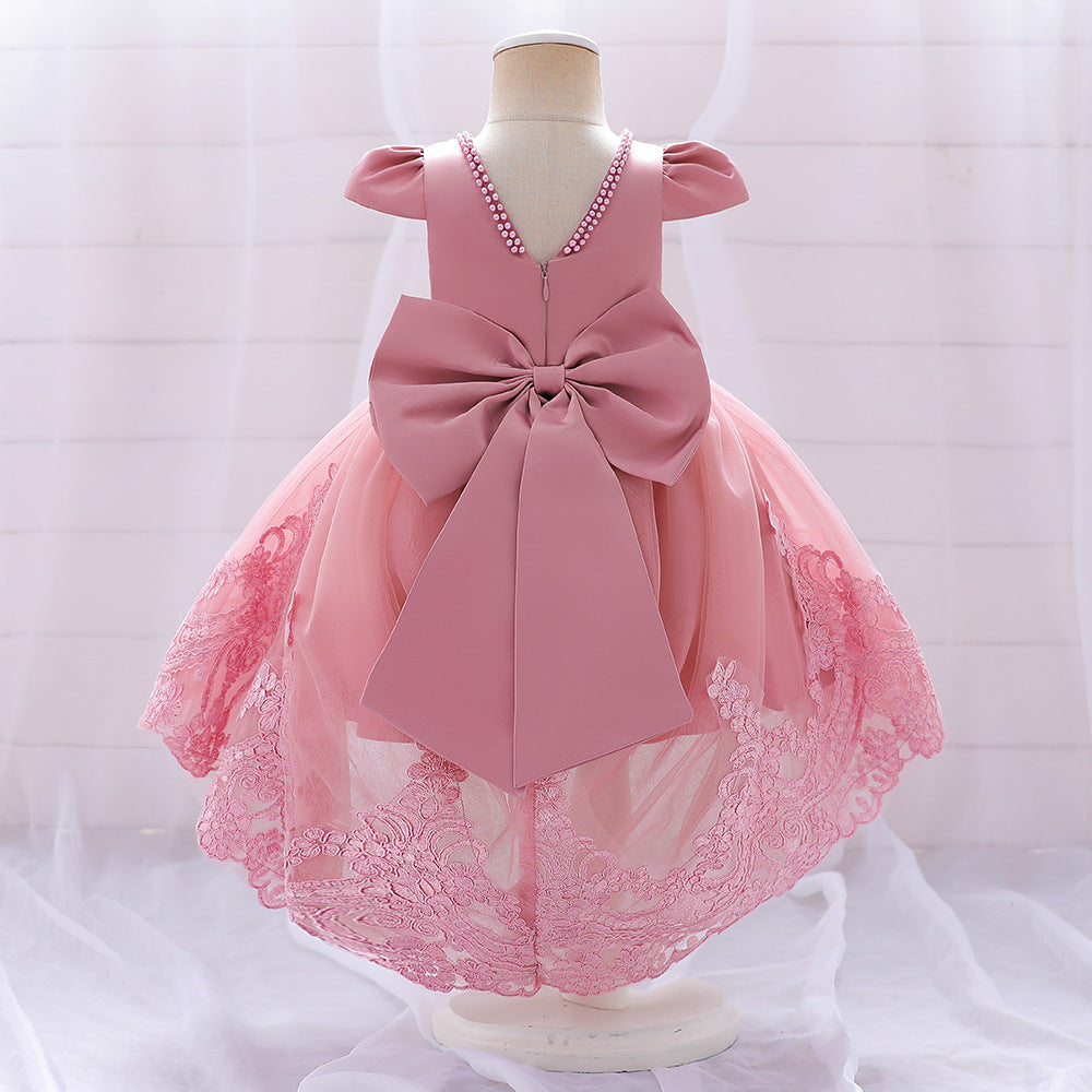Princess Ball Gown High-Low Satin & Lace Dress with Bow for Girls | Ages 9M-6Y