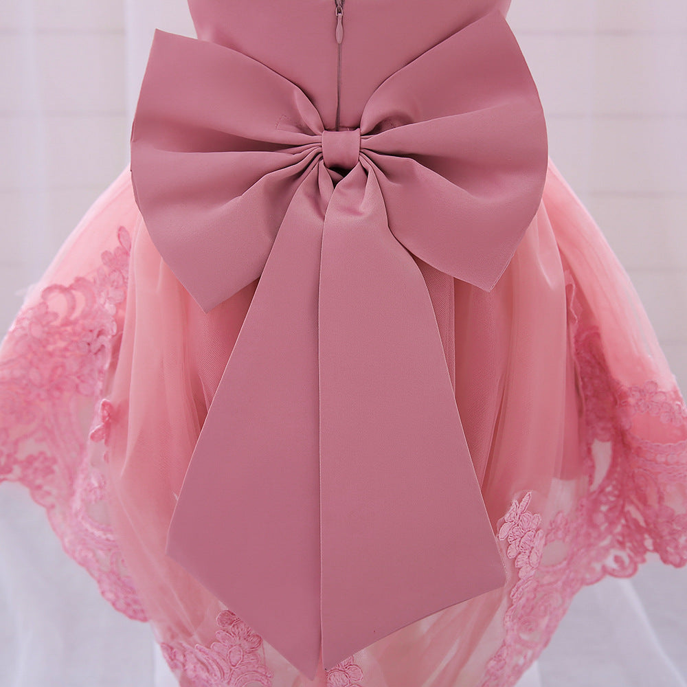 Princess Ball Gown High-Low Satin & Lace Dress with Bow for Girls | Ages 9M-6Y