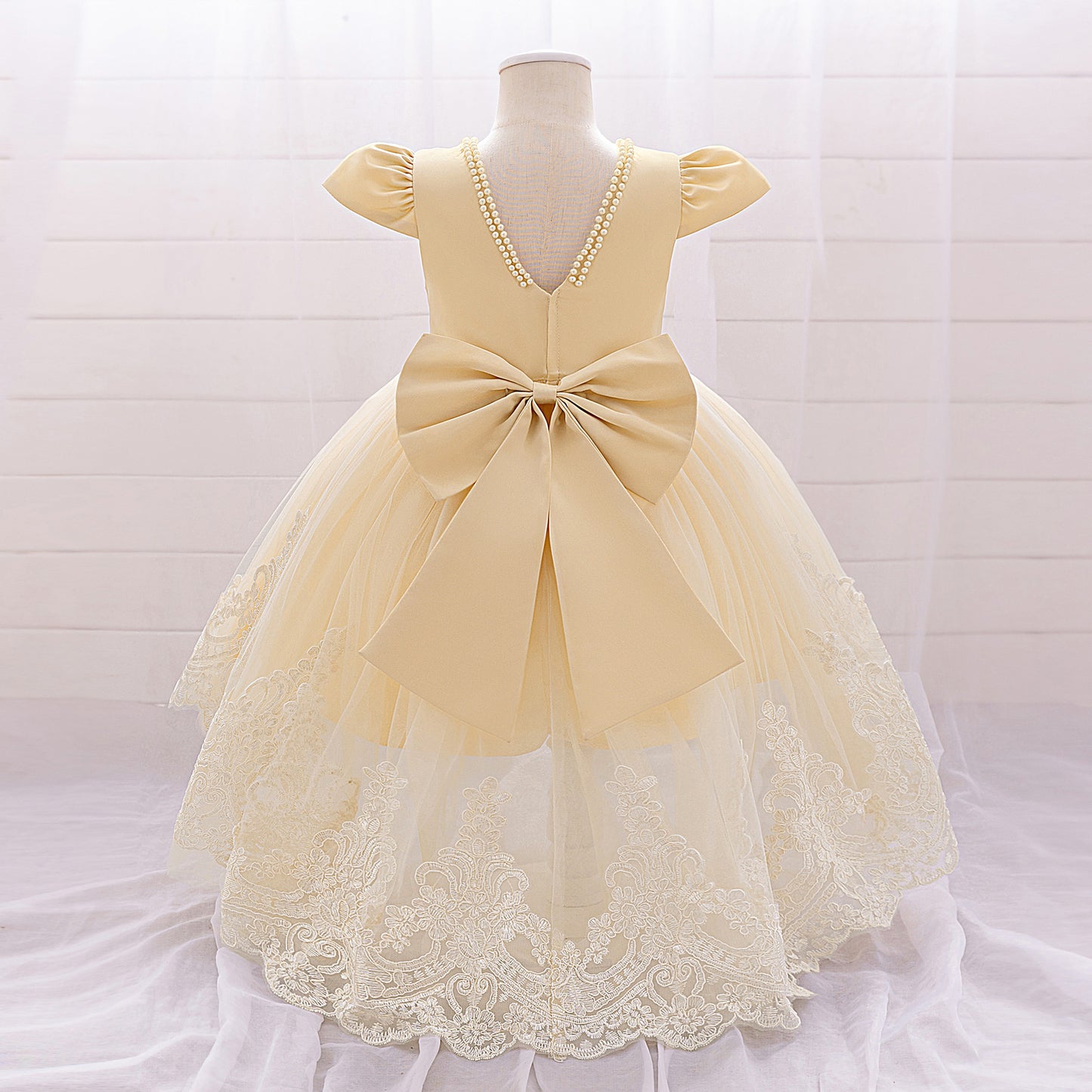 Princess Ball Gown High-Low Satin & Lace Dress with Bow for Girls | Ages 9M-6Y