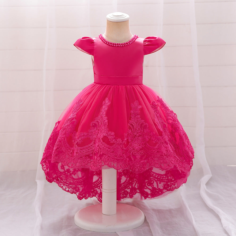 Princess Ball Gown High-Low Satin & Lace Dress with Bow for Girls | Ages 9M-6Y