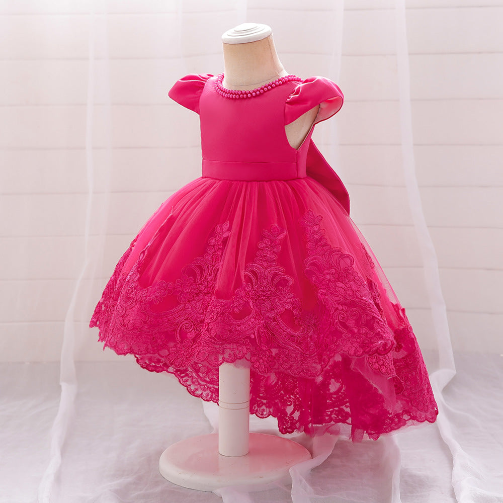 Princess Ball Gown High-Low Satin & Lace Dress with Bow for Girls | Ages 9M-6Y