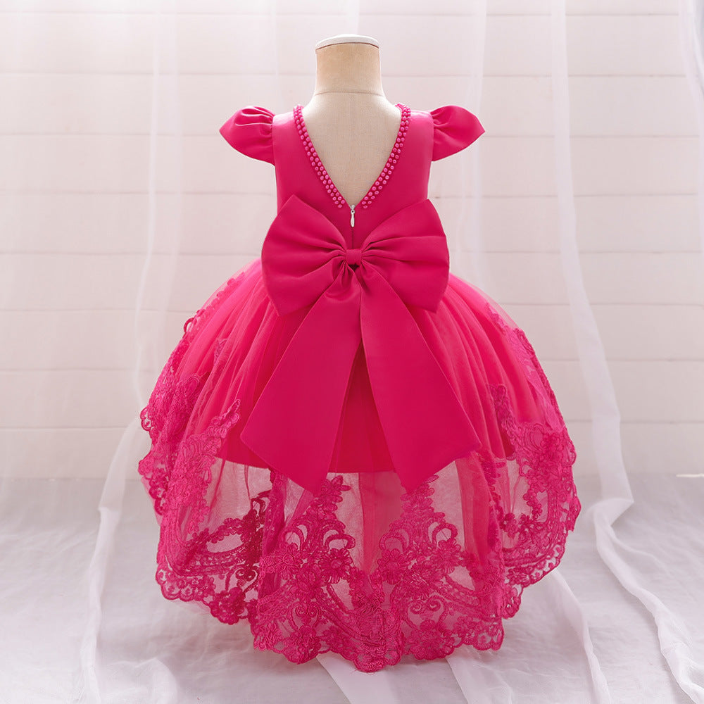 Princess Ball Gown High-Low Satin & Lace Dress with Bow for Girls | Ages 9M-6Y