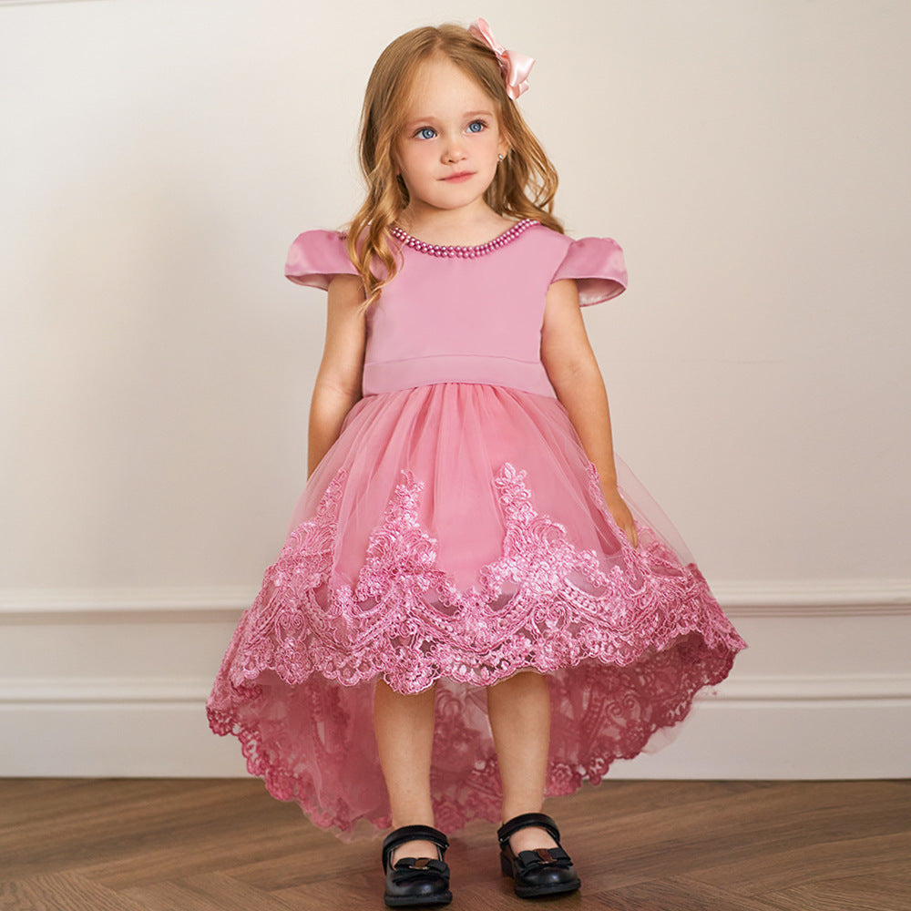 Princess Ball Gown High-Low Satin & Lace Dress with Bow for Girls | Ages 9M-6Y