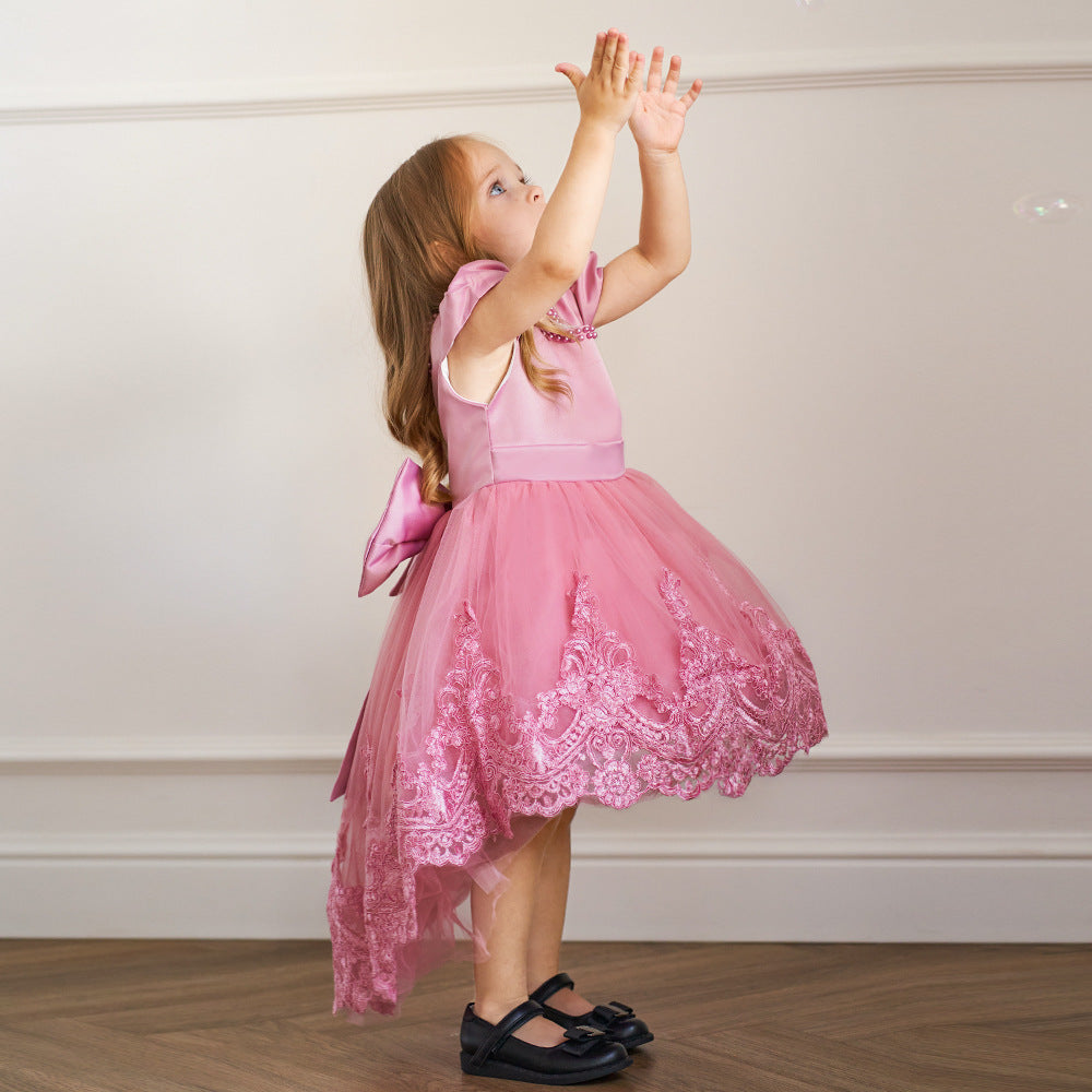 Princess Ball Gown High-Low Satin & Lace Dress with Bow for Girls | Ages 9M-6Y