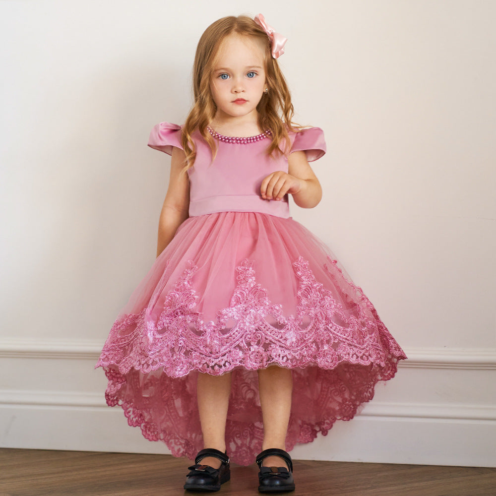Princess Ball Gown High-Low Satin & Lace Dress with Bow for Girls | Ages 9M-6Y
