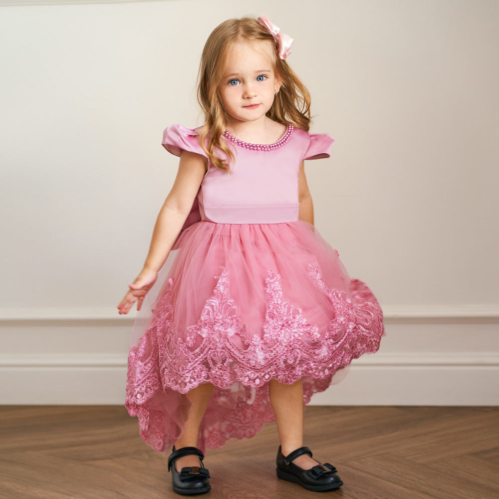 Princess Ball Gown High-Low Satin & Lace Dress with Bow for Girls | Ages 9M-6Y