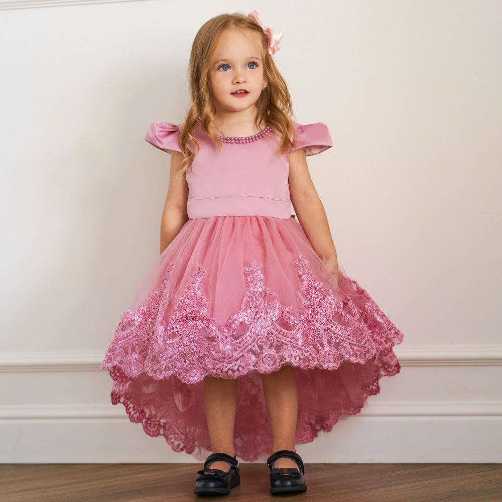 Princess Ball Gown High-Low Satin & Lace Dress with Bow for Girls | Ages 9M-6Y