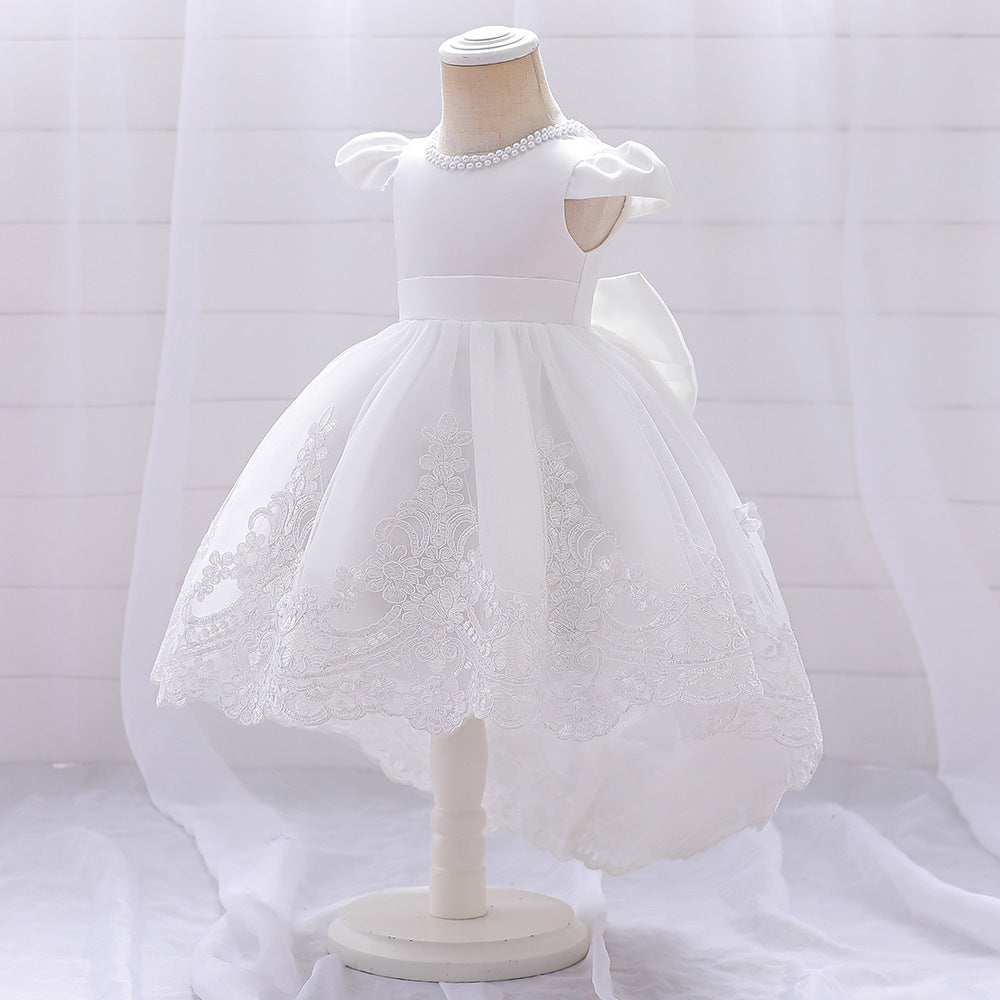 Princess Ball Gown High-Low Satin & Lace Dress with Bow for Girls | Ages 9M-6Y