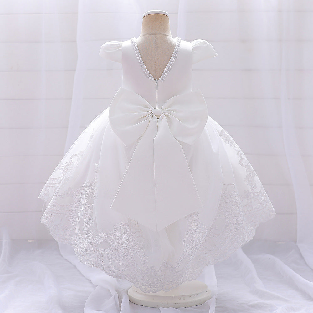 Princess Ball Gown High-Low Satin & Lace Dress with Bow for Girls | Ages 9M-6Y