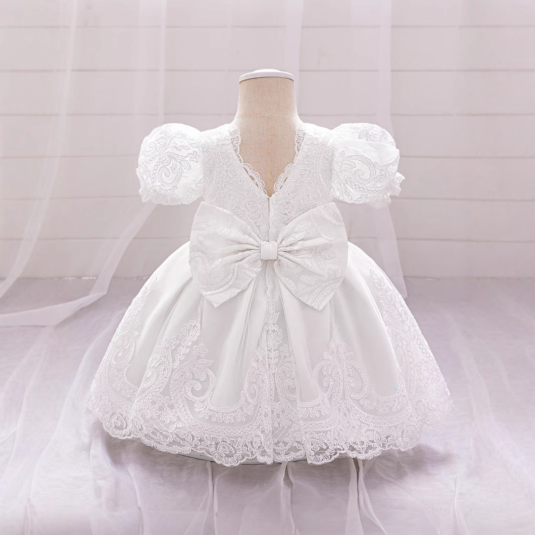 Princess Puffy Sleeve Lace Bow Dress for Girls – Ball Gown Wedding & Party Outfit