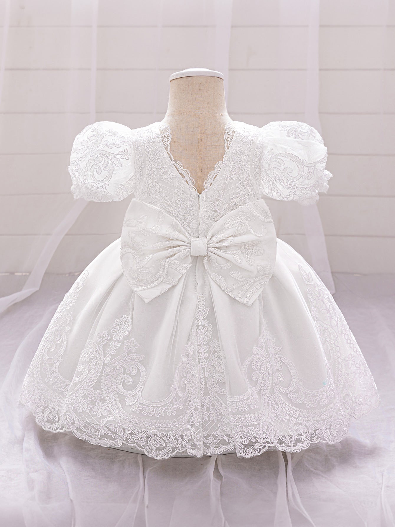 Princess Puffy Sleeve Lace Bow Dress for Girls – Ball Gown Wedding & Party Outfit