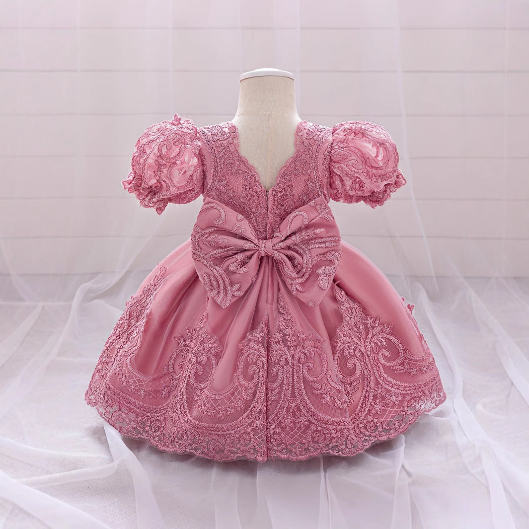 Princess Puffy Sleeve Lace Bow Dress for Girls – Ball Gown Wedding & Party Outfit