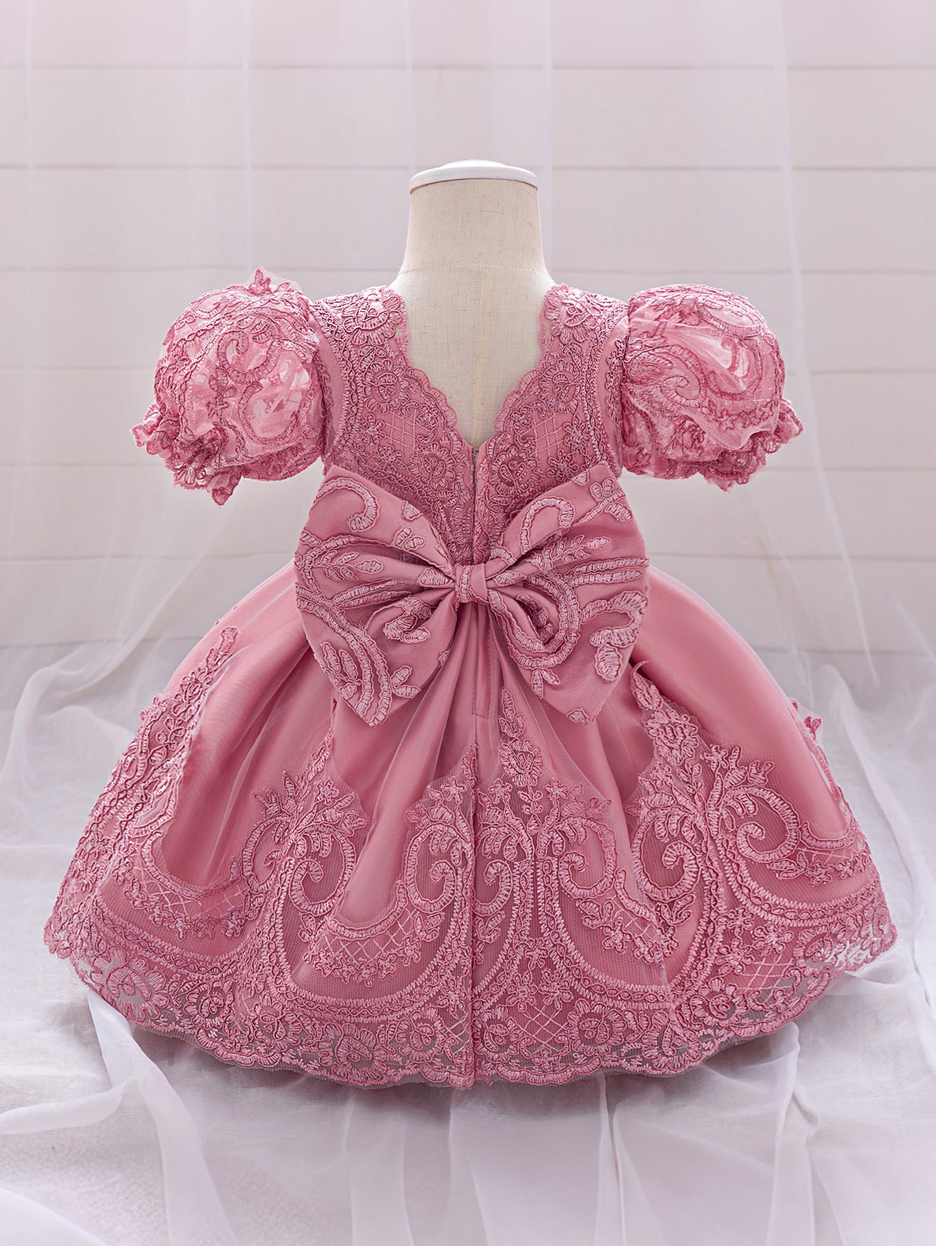 Princess Puffy Sleeve Lace Bow Dress for Girls – Ball Gown Wedding & Party Outfit