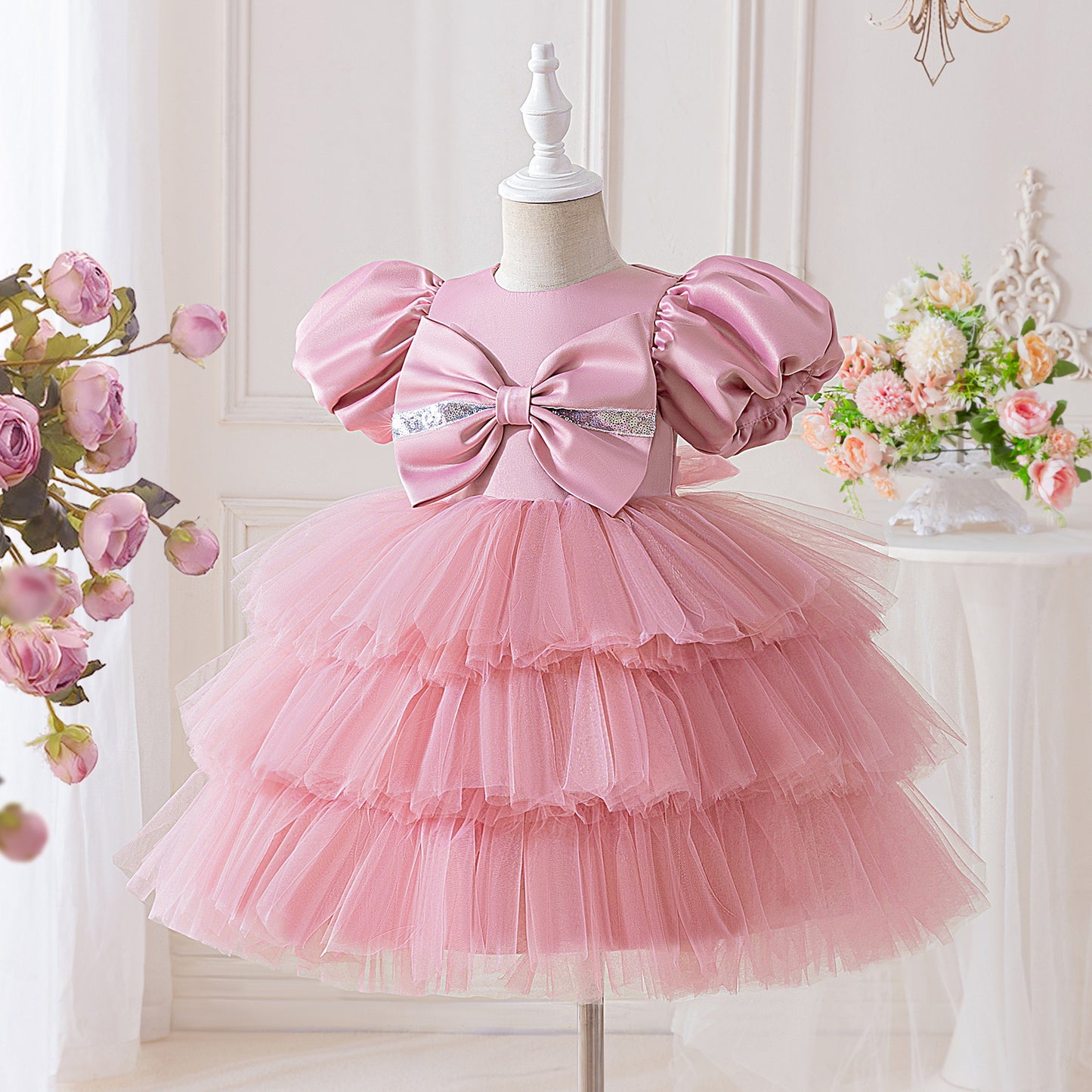 Pink Puffy Sleeve Princess Ball Gown Dress for Girls (3-10 Years) – Ideal for Parties, Weddings & Photoshoots