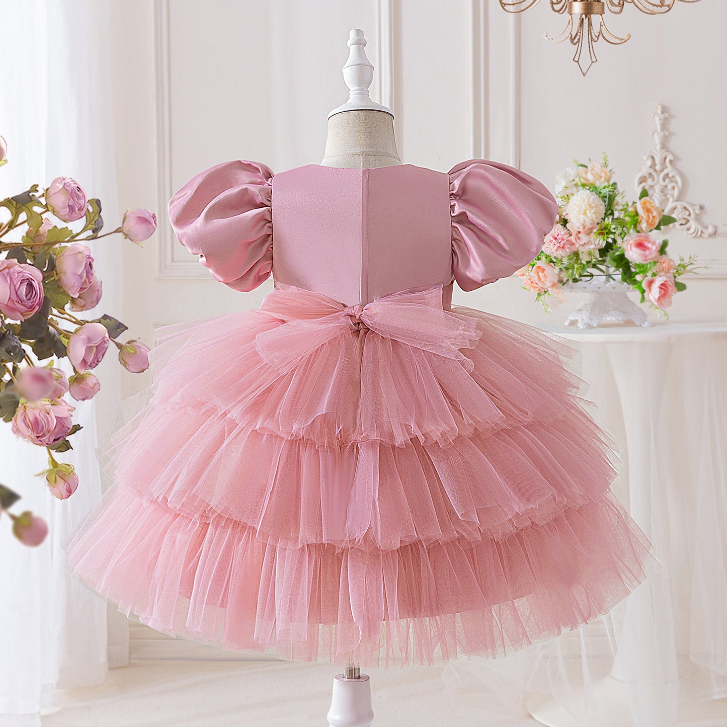 Pink Puffy Sleeve Princess Ball Gown Dress for Girls (3-10 Years) – Ideal for Parties, Weddings & Photoshoots
