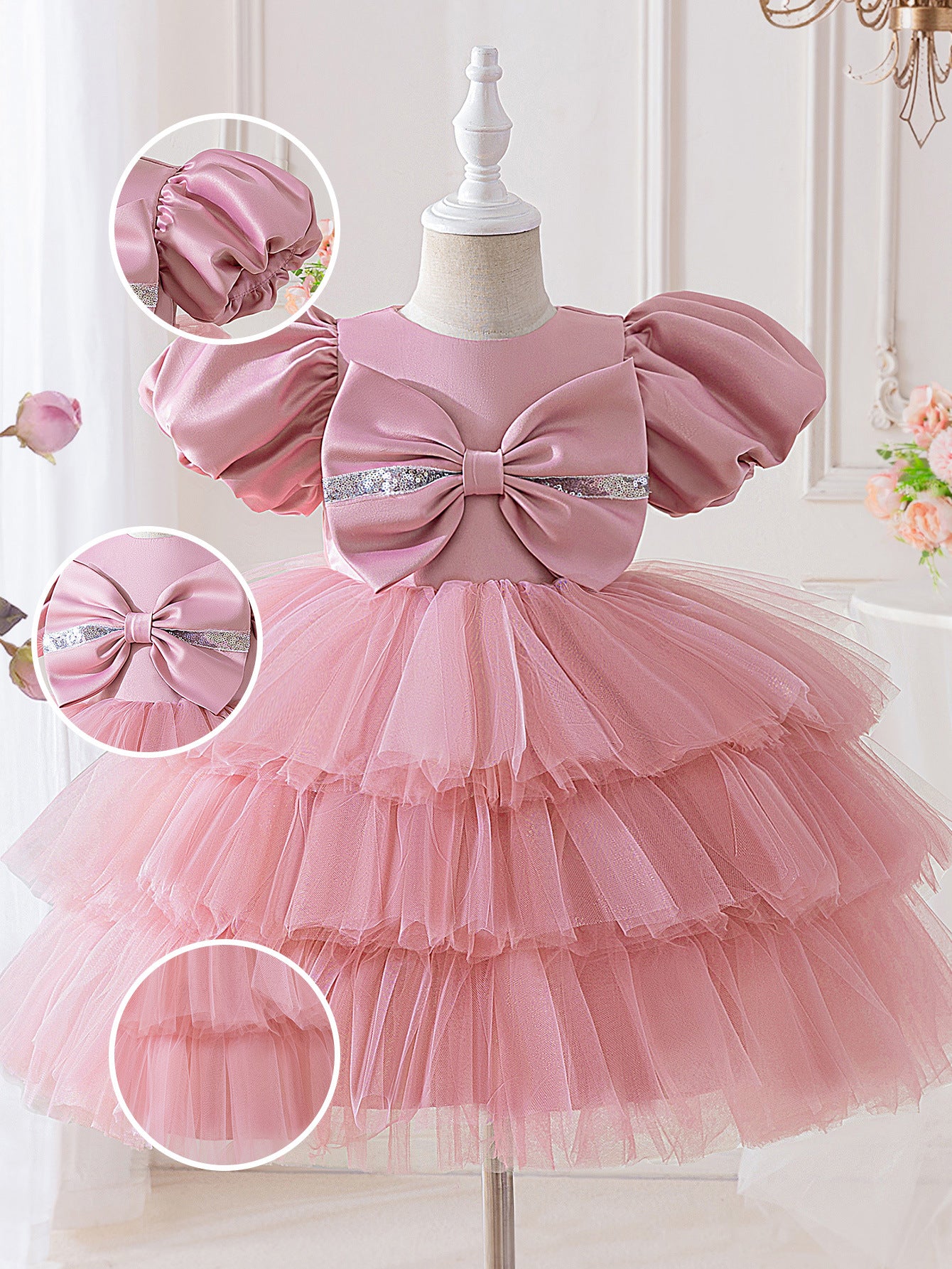 Pink Puffy Sleeve Princess Ball Gown Dress for Girls (3-10 Years) – Ideal for Parties, Weddings & Photoshoots