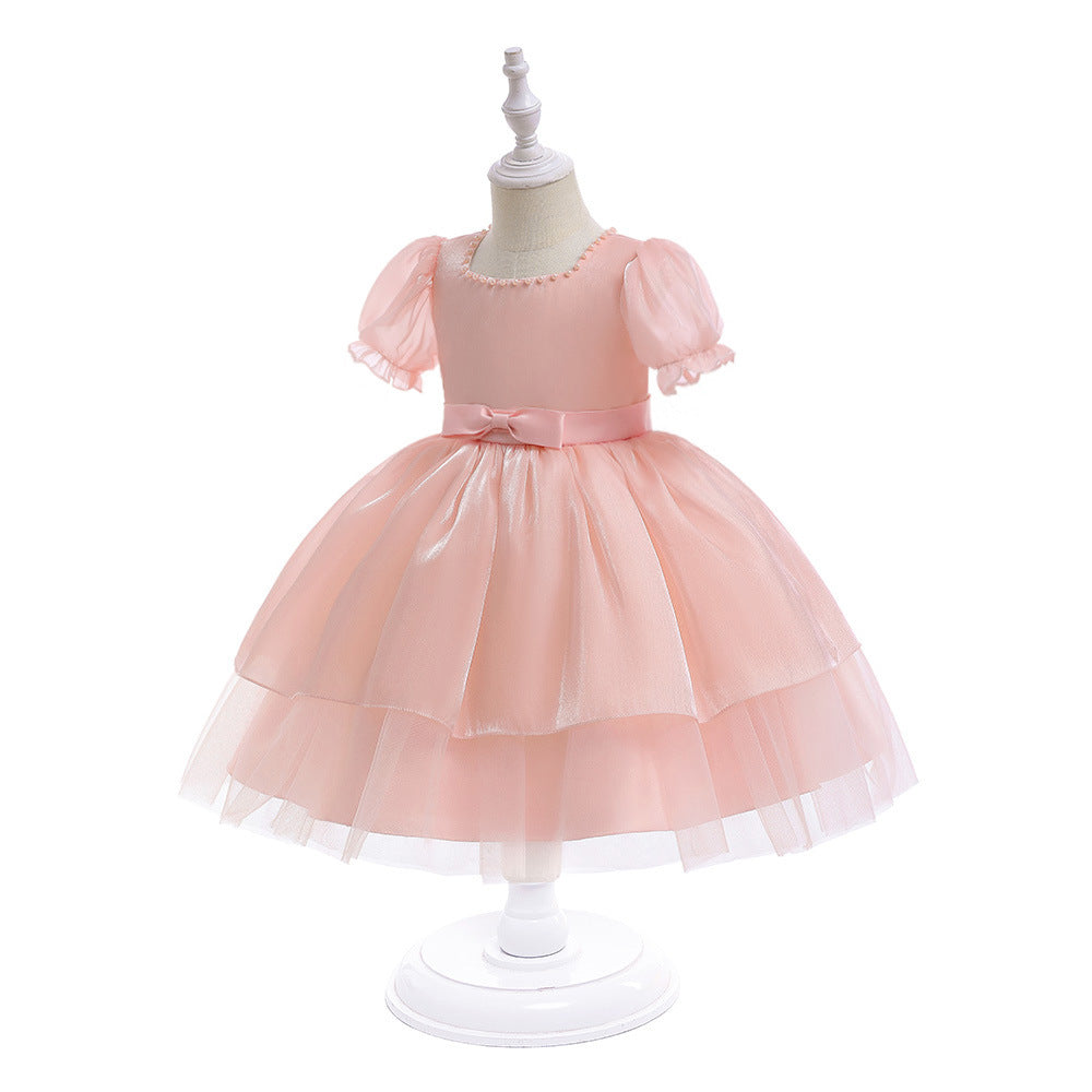 Girls Light Pink A-Line Princess Dress with Beads & Sequins | Tea Length Party & Flower Girl Gown