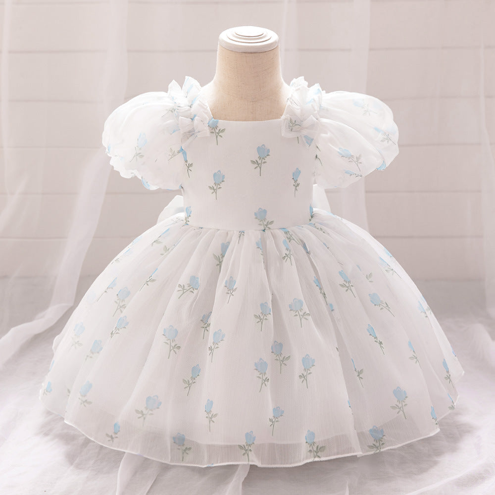 Princess Fairy Toddler Tulle Dress with Bow & Floral Print – A-Line Party & Flower Girl Gown